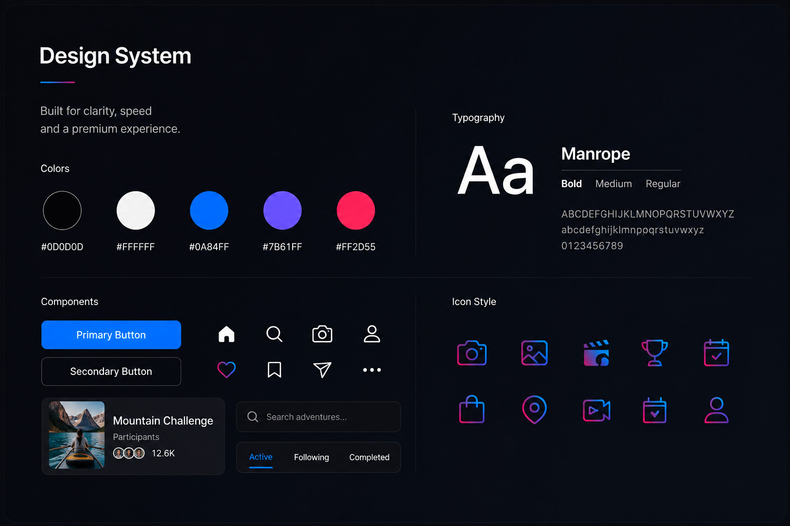 GoPro Quik design system with colors typography components and icons
