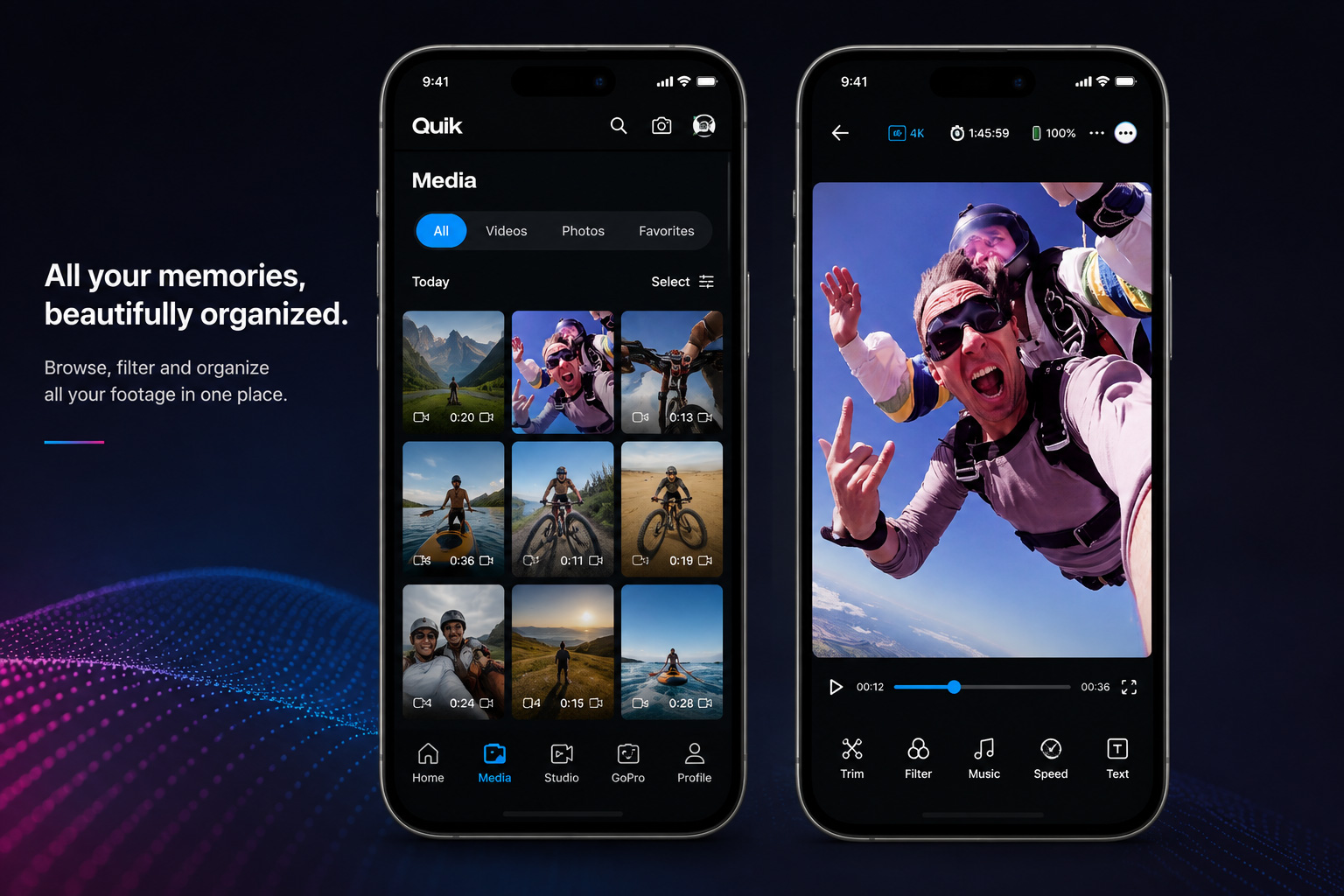 GoPro Quik media library and editing mobile mockups