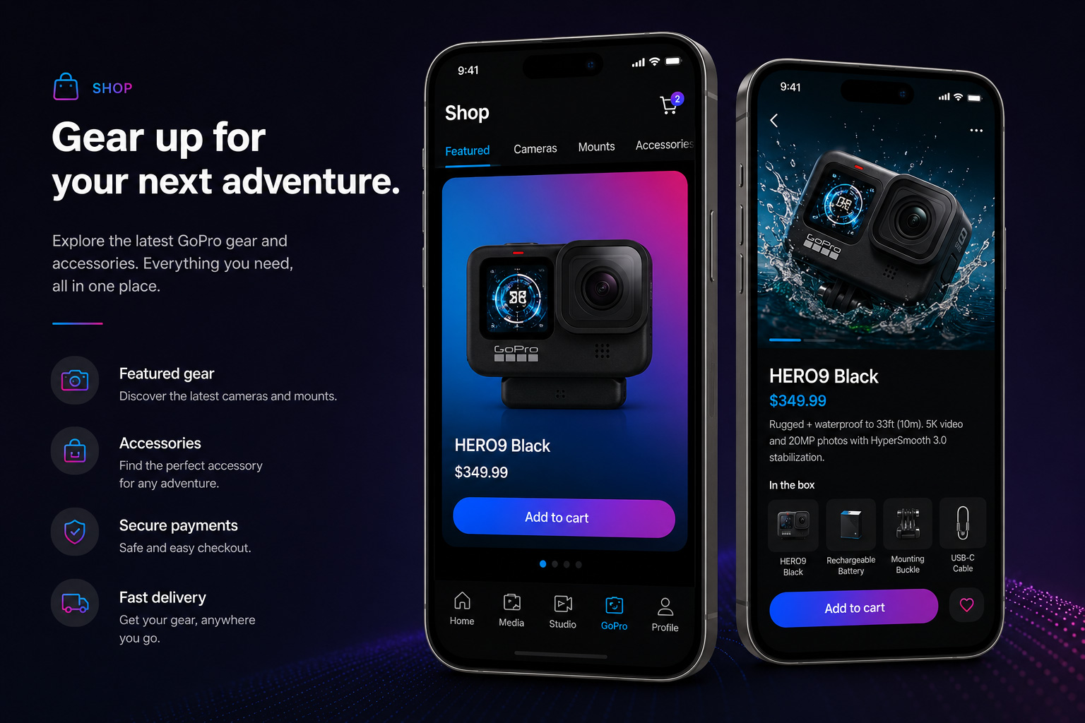 GoPro Quik shop and product detail mobile mockups